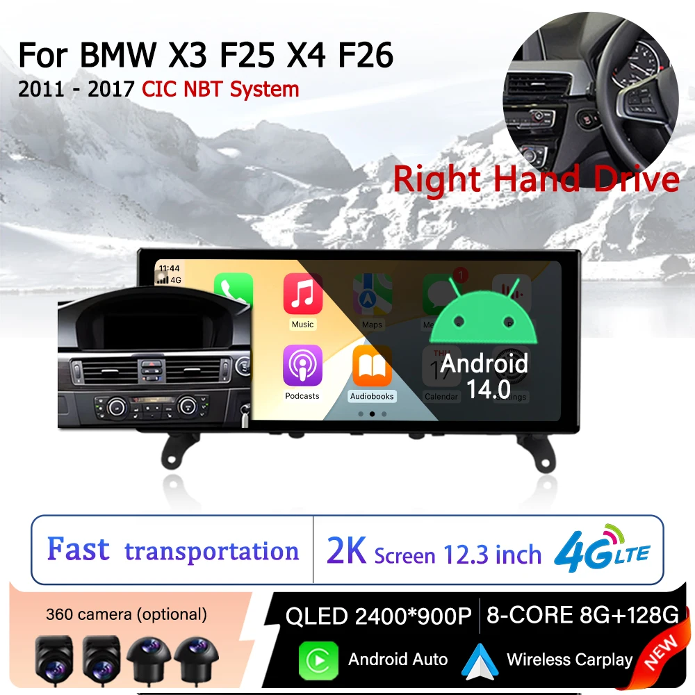

Car Android 14 Right Hand Drive for BMW X3 F25 X4 F26 2011 - 2017 CIC NBT System Carplay Multimedia Radio GPS Navi Touch Display