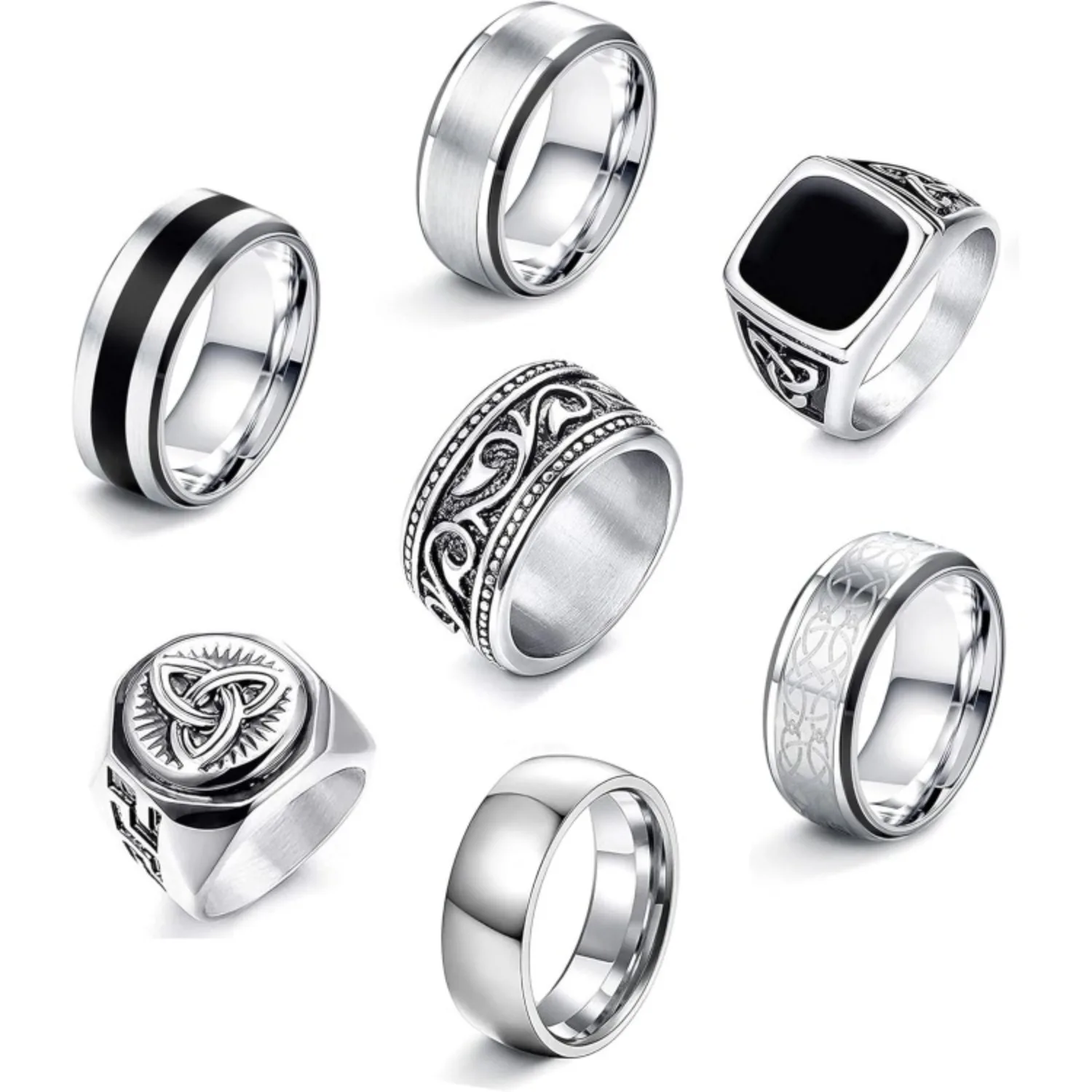 

Bobisty 7Pcs Stainless Steel Rings Sets for Men Matte Polished Vintage Gothic Biker Rings Engagement Band Rings Jewellery Gifts