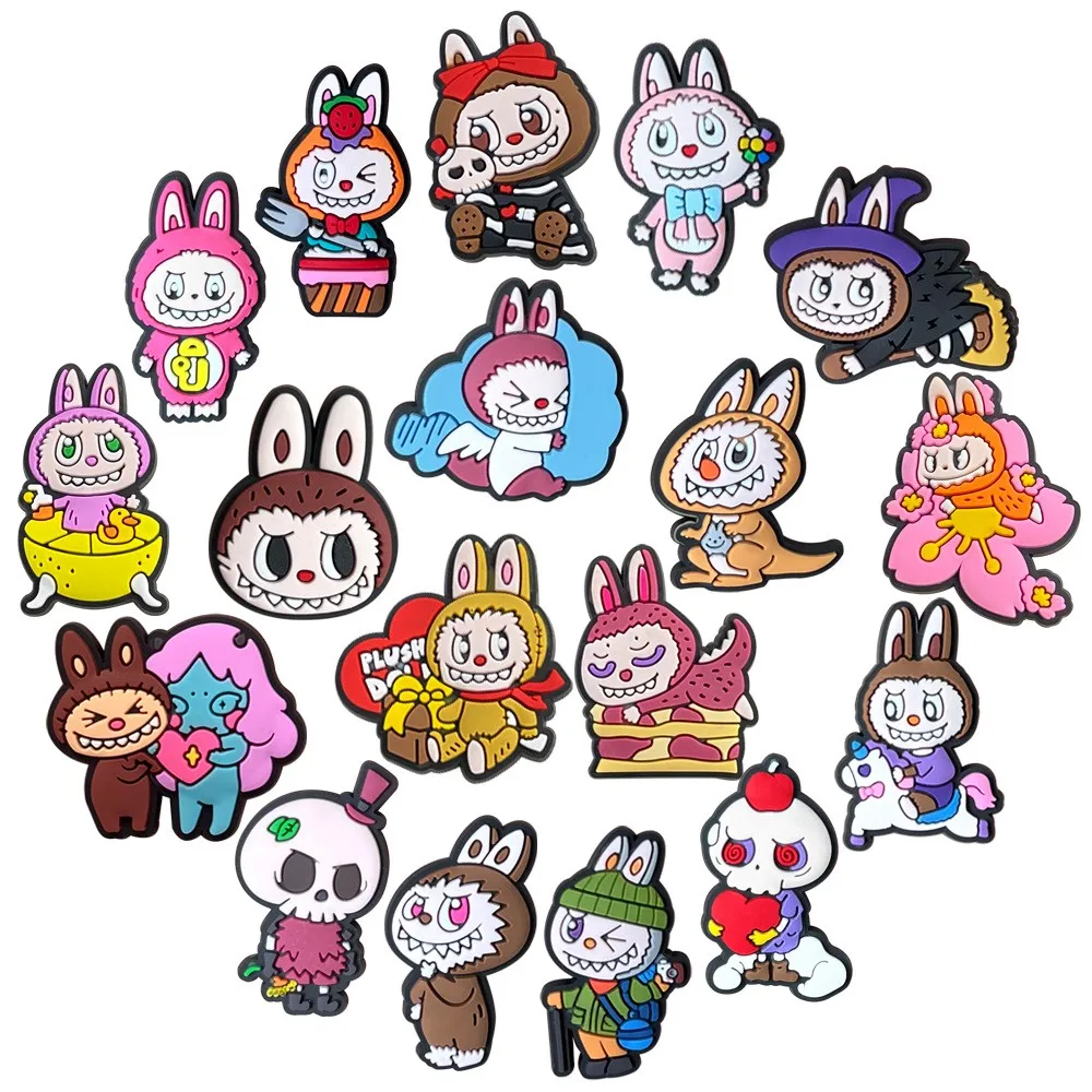

18Pcs Cartoon Labubu rabbit PVC Serie Clogs DIY Shoe Flower Decorative Buckles Detachable Soft Rubber Shoe Clip suit