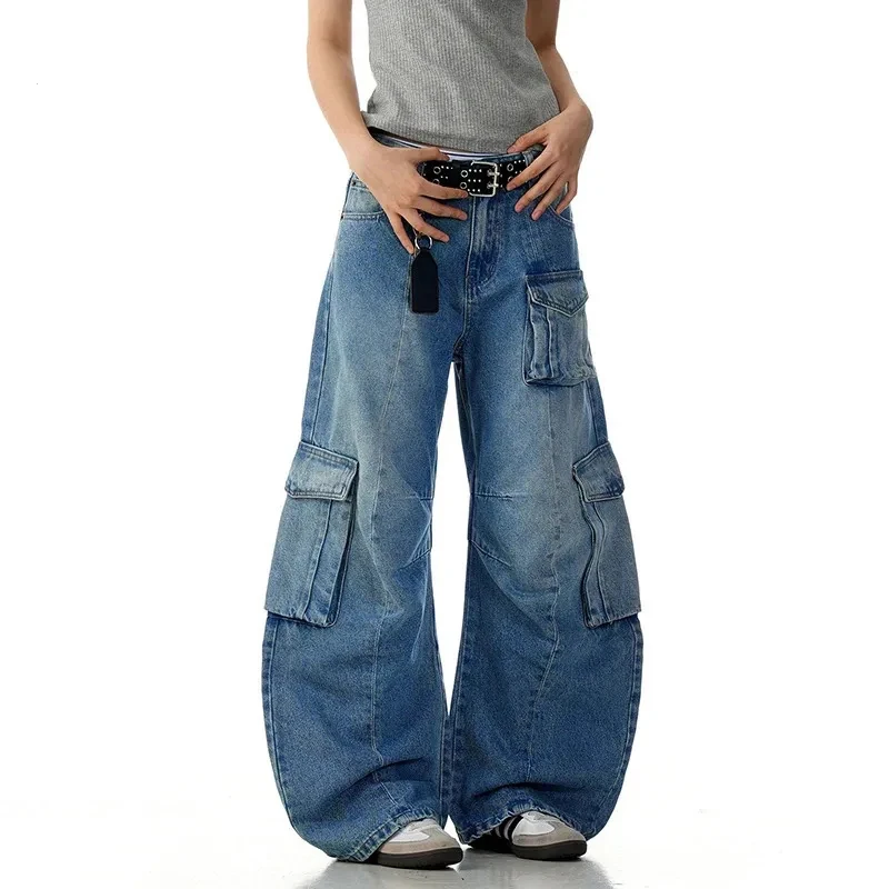 American Style Jeans Curved Knife Wide Leg Washed Worn-out with Multiple Pockets Men Loose Casual Floor Denim Jeans