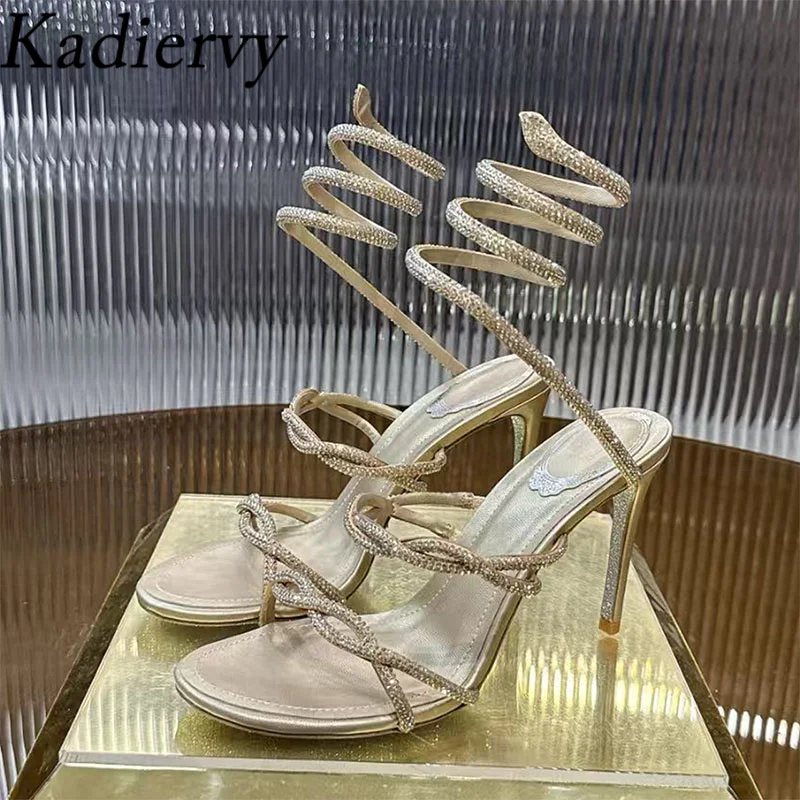 

Summer Sandals Women High Heels Rhinestone Snake Twine Around Ankle Strap Party Shoes Women Heeled Crystal Sandals Woman