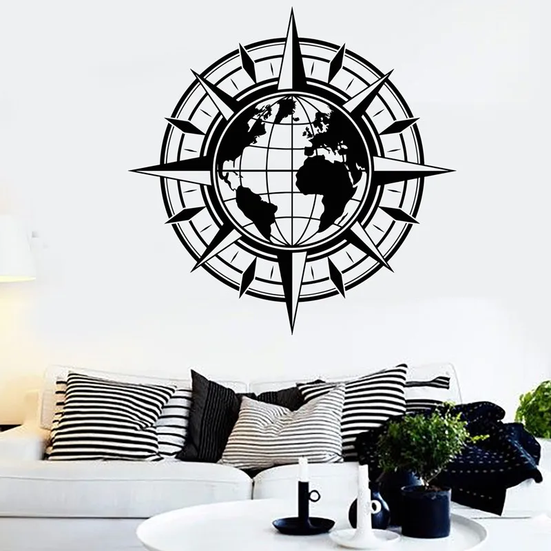 Compass Earth Map Silhouette Vinyl Wall Sticker Rose Nautical Home Living Room Office Decor Compass Wall Art Travel Sticker Gift
