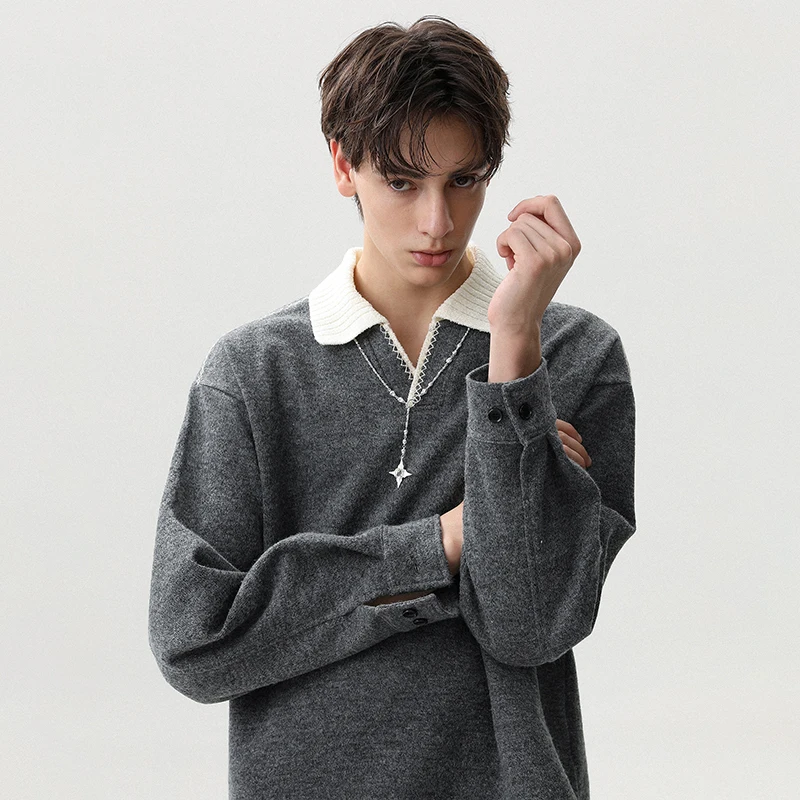 LUZHEN Fashion Elegant Temperament Color Contrast Neck Long Sleeve Sweatshirt Men 2025 Autumn High Quality Pullover Tops JY3741