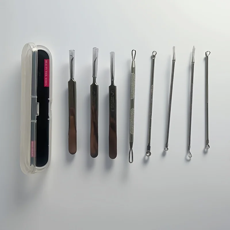 طقم ملقط ستانلس ستيل 8 في 1، رقم. 5 مشابك، أداة إزالة الرؤوس السوداء والبثور