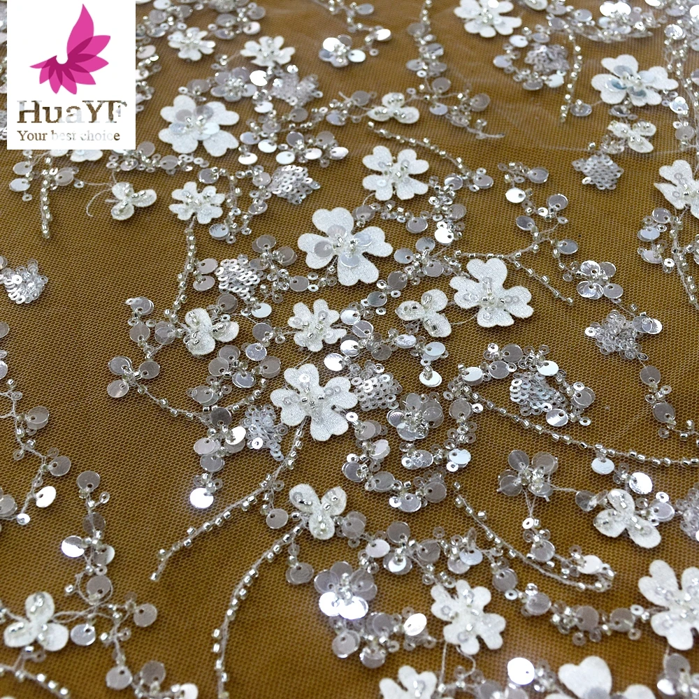 

1 Yard Luxury White French Bridal Wedding Silver Beads Lace With Sequins 3d Flower Dress Fabric HY1440