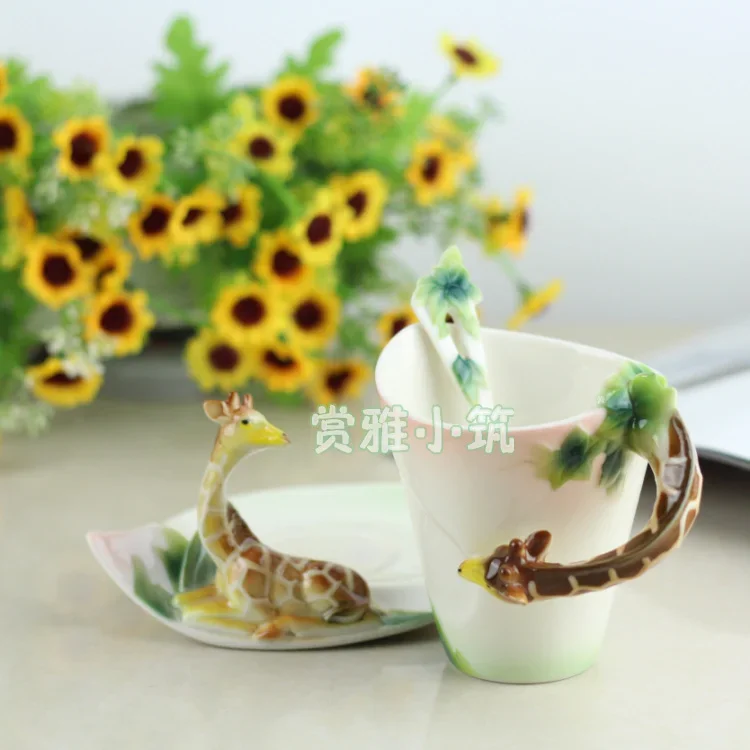 Colored Enamel Coffee Cup Suit European Fashion Giraffe Design Ceramic Mug Birthday Gift
