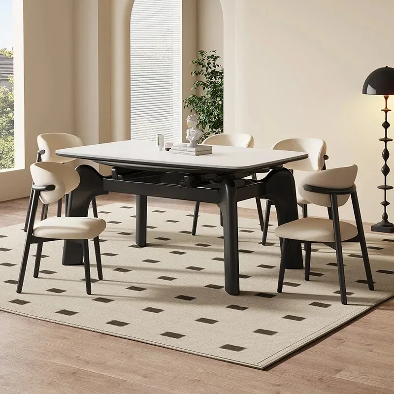 French retro style, rock slab dining table, variable round table, black solid wood folding table