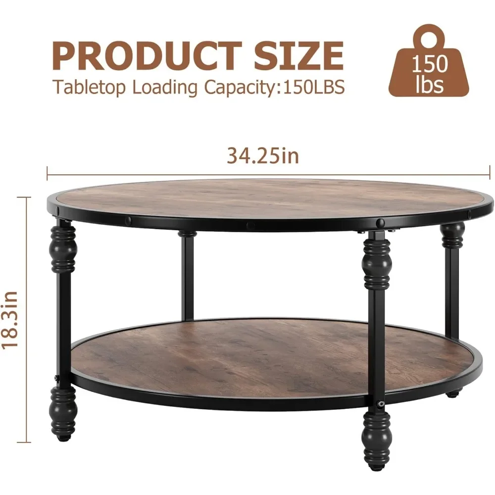 Round Coffee Table for Living Room Rustic Center Table with Storage Shelf Wood Circle Coffee Table with Sturdy Metal