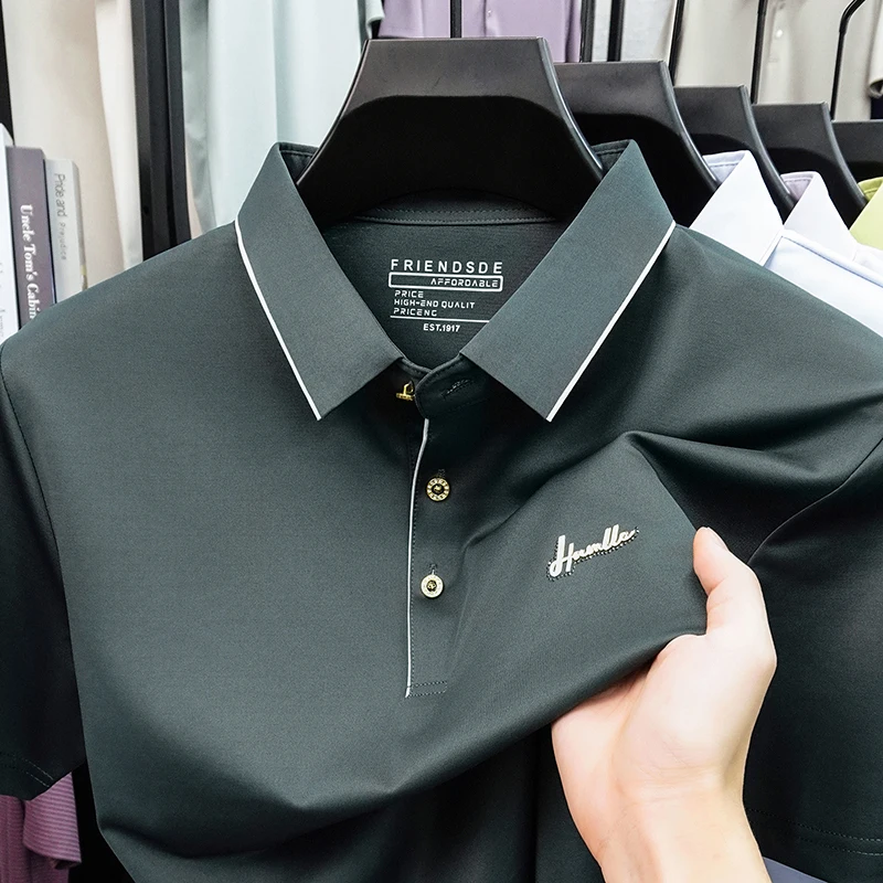 TFETTERS T-shirt Men 2026 Summer Silk Blend Cooling Smooth Lapel Collar Short Sleeve Solid Color Business Work T Shirt for Man