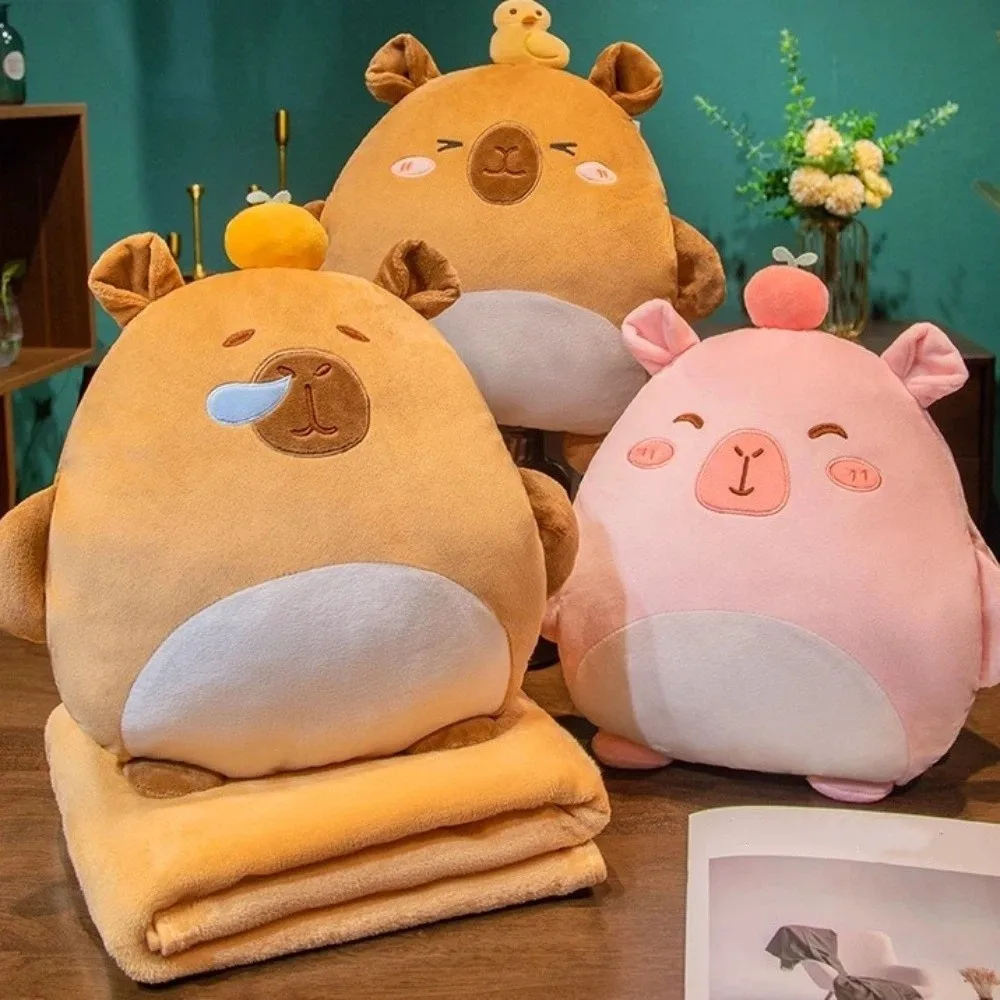 

3-in-1 Capybara Throw Pillow PP Cotton Filled Animal Pattern Plush Pillow Blanket Air Conditioning Blanket Storage Design