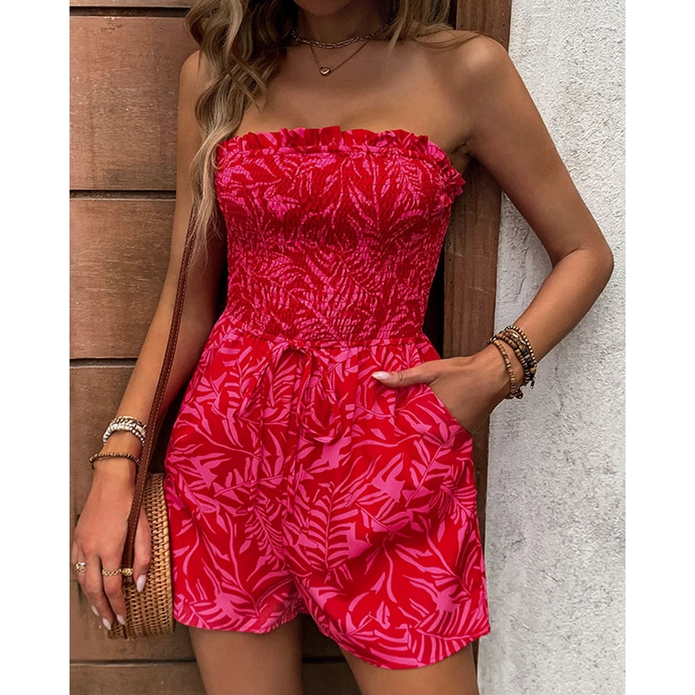 

Summer Women Fashion Leaf Print Elastic Waist Ruched Lace-up Romper Femme Casual Sexy Strapless Shorts Playsuit Outfits traf