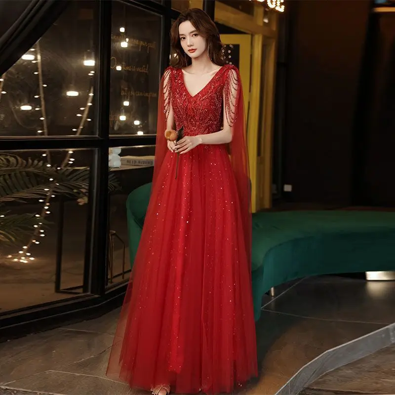 

Red Party Toast Dress, Bridal Evening Dress, 2025 New Style, Engagement Female Celebrity Style Dress, Banquet Fashion Dress