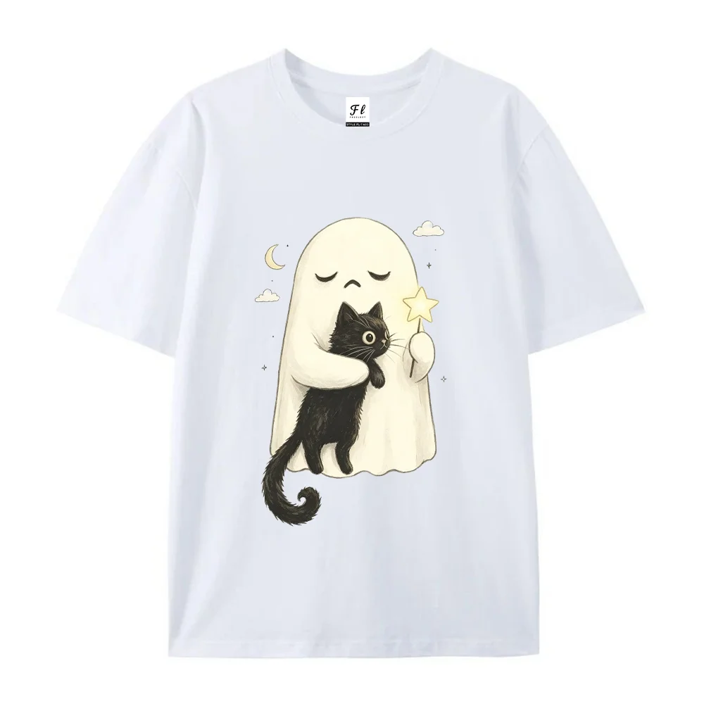 Cute Ghost Hugging Black Cat T Shirt Women Kawaii Halloween Magic Wand Graphic Tees Spooky Season Short Sleeve White Tops