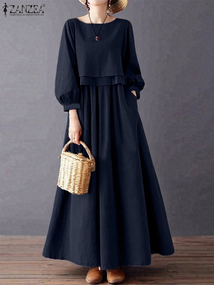 ZANZEA Casual Chic Maxi Dresses Womens Fake Two-Piece Boatneck Lantern Sleeve Solid Color A-Line Long Dress Autumn Retro Clothes