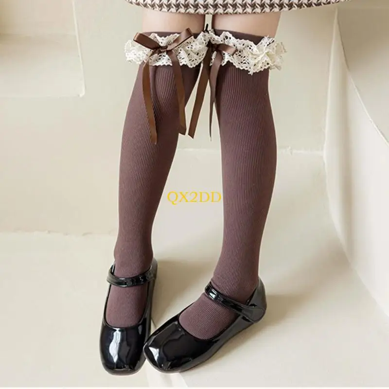 جوارب QX2D العجل للفتيات من 3 إلى 13 سنة ساق طويلة الساق جوارب طفل القوس دافئ #5