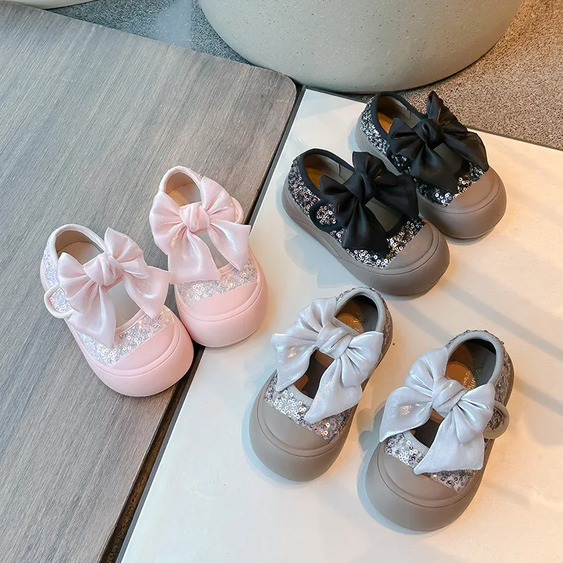 

Girl Princess Shoes 2025 Spring and Autumn New Bow Fashion Baotu Casual Glitter Soft Soled Comfortable Single Shoes