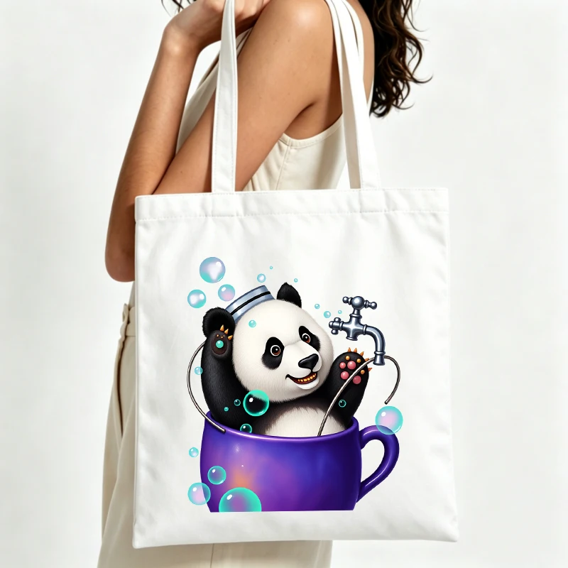 Women's cute panda in cup graphic canvas tote bag, casual style for daily shopping and summer outings