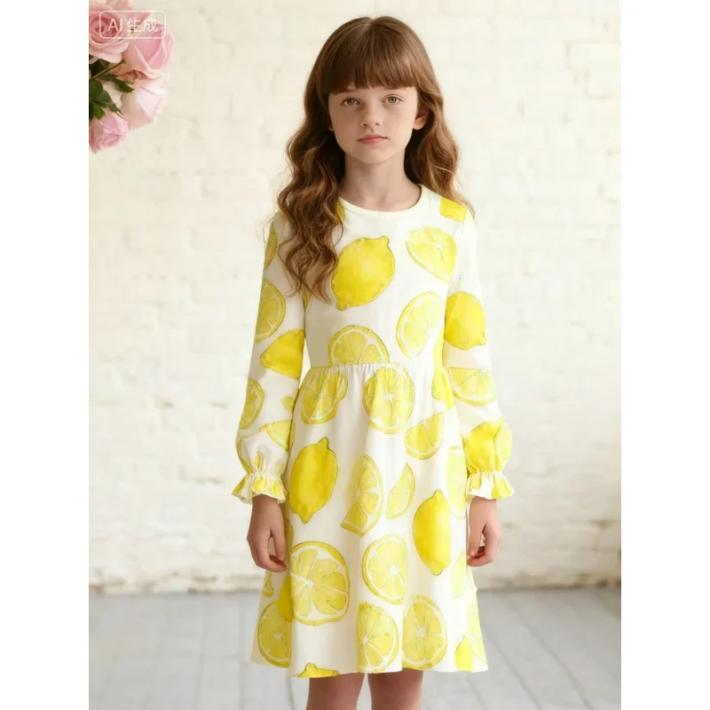 

Girls Fresh Lemon Fruit Long Sleeve Printed Casual Dress Fashion 2026 Elegant Design for kids