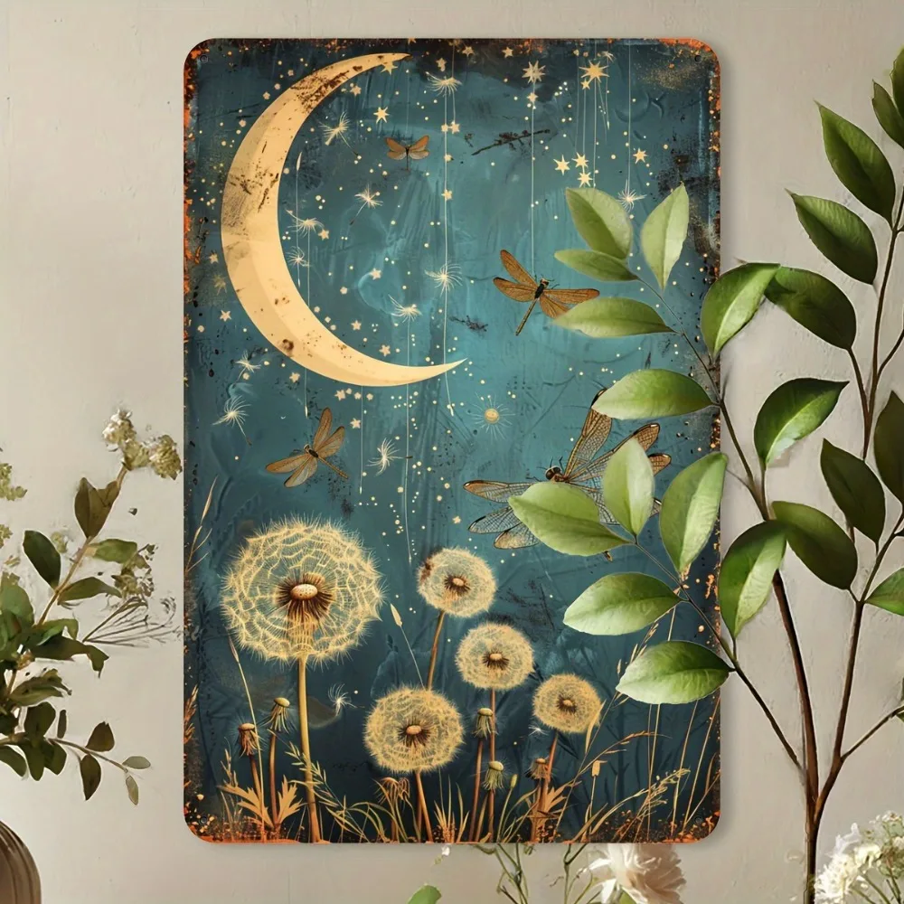 Vintage Dragonfly and Dandelion Metal Wall Art – Moonlight Sky Tin Sign for Bedroom or Office, 8x12 Inch Rustic Decor