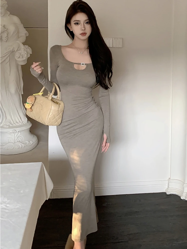 Herfst Winter Zwart Gebreide Holle Vierkante Kraag Sexy Jurk Vrouwen Elegante Luxe Lange Jurk 2025, Koreaanse Bodycon Feestjurk