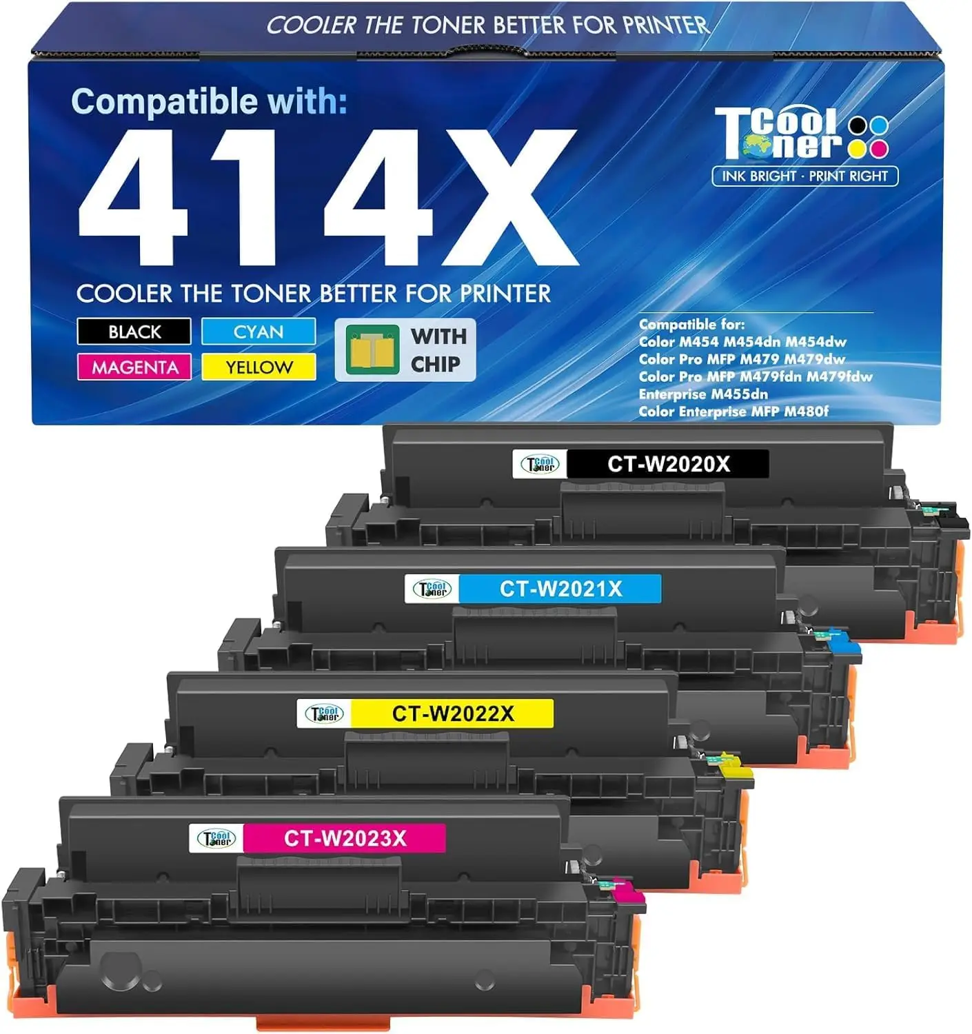 414X Toner Cartridges, 4-Pack High Yield, Compatible with 414X/414A/414 Color LaserJet Pro MFP M479fdw/M479dw/M454dn/M454/M480f Printers, Black, Cyan, Yellow, Magenta (W2020X)
