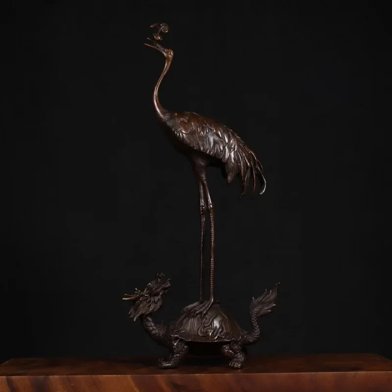 Brass turtle ornaments in new Chinese style, red-crowned crane, auspicious gift for elderly, home living room and offi