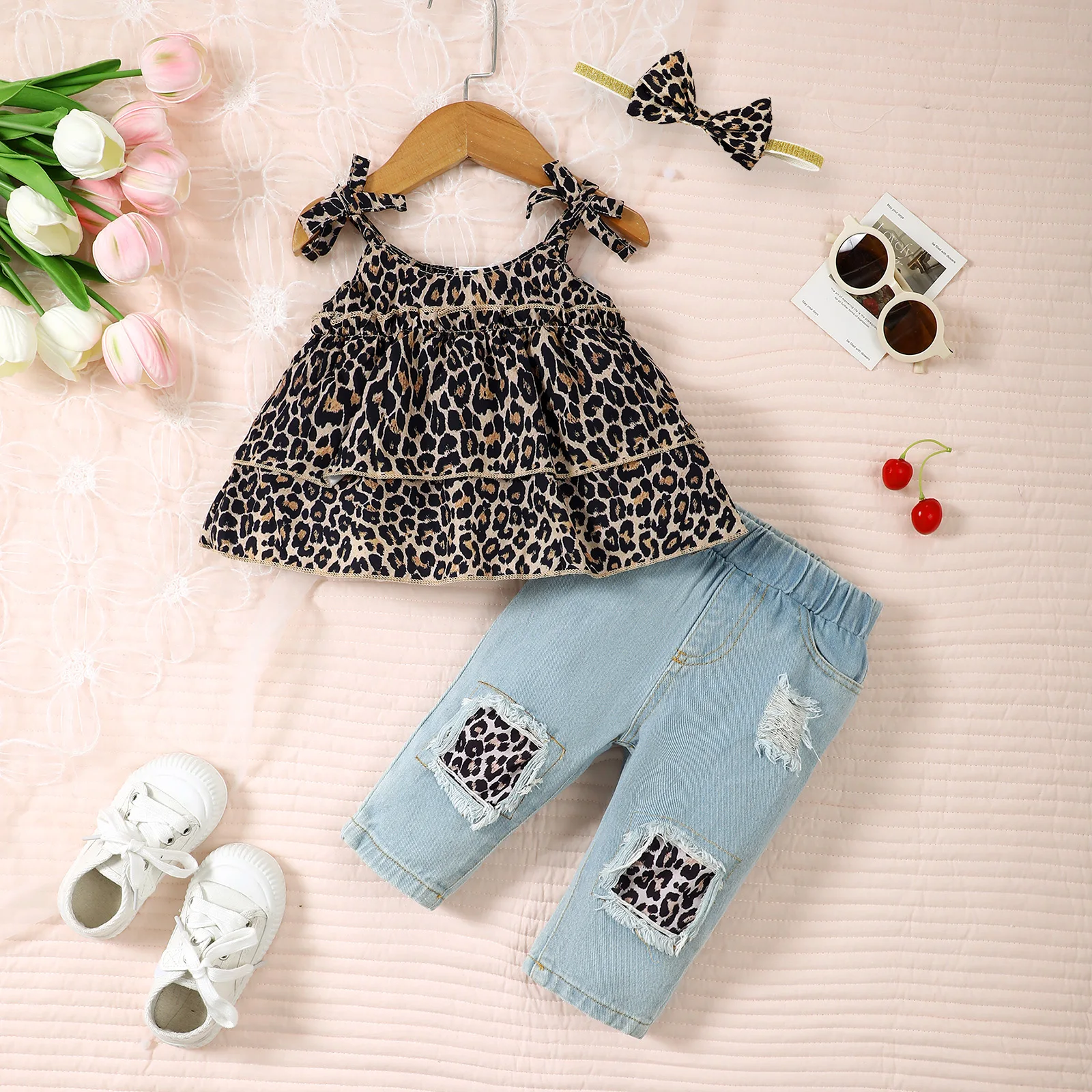 Baby Girl Summer Fashion 3PCS Leopard Print Clothes Set Camisole Top + Denim Trousers + Hairband Vacation Wear for Toddler Girls