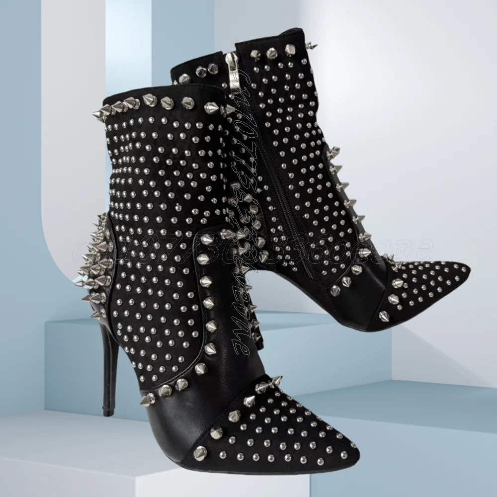 

Black Spliced Short Boots Full Rivet Decor High Heel Sexy Women's Shoes Punk Style Ankle Boots Footwear 2025 Zapatos Para Mujere