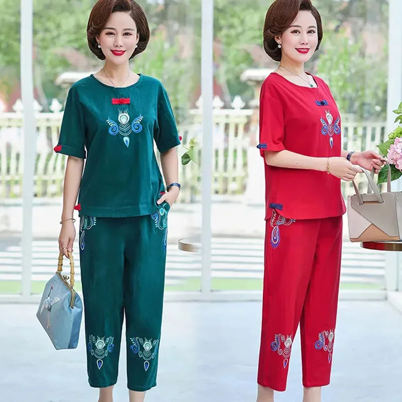 Mom's Costume T-shirt Tang Suit Two-piece Set Middle Age Grandma Fashion Embroidery Top Summer Middle Aged Elderly People Outfit