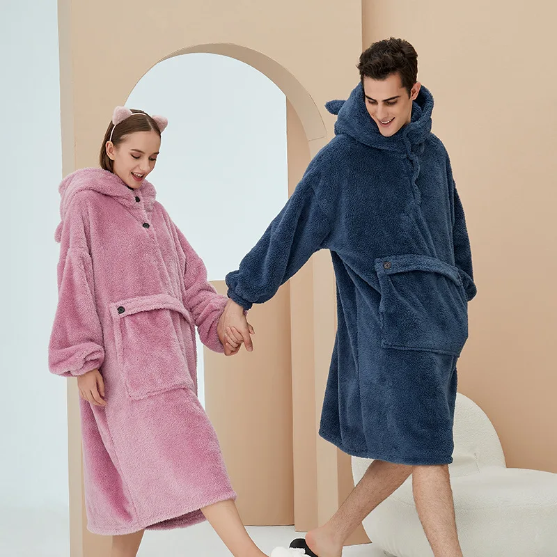 Unisex Robes Men Winter Dressing Gown Winter Warm Fleece Robe Pullover Hooded Women Winter Dressing Gown Robes Soft Bathrobe