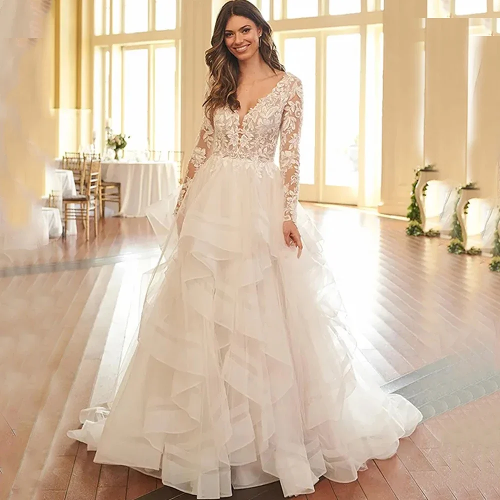 Irregular Tiered A-Line Wedding Dress Classic Tulle Illusion Applique V-Neck Long Sleeve Open Back Bridal Marriage Custom Gowns