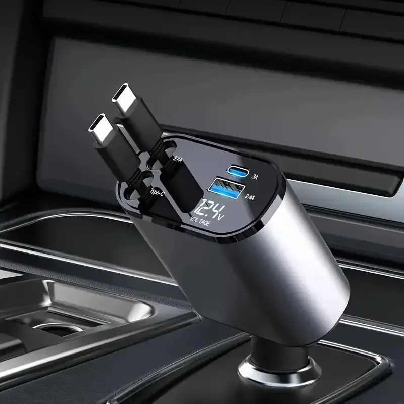 120W Retractable Car Charger, 4-in-1 Super Fast Charging Car Charger, Two-wire Retractable Conversion Plug Car Charger