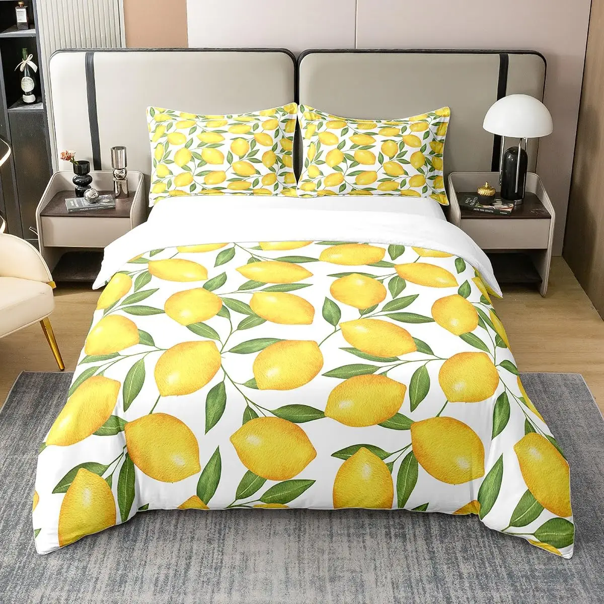 Nature Bedspread, Lemon Tree Branches Gardening Design, Decorative Quilted 3 Piece Coverlet Set with 2 Pillow Shams, Full Size