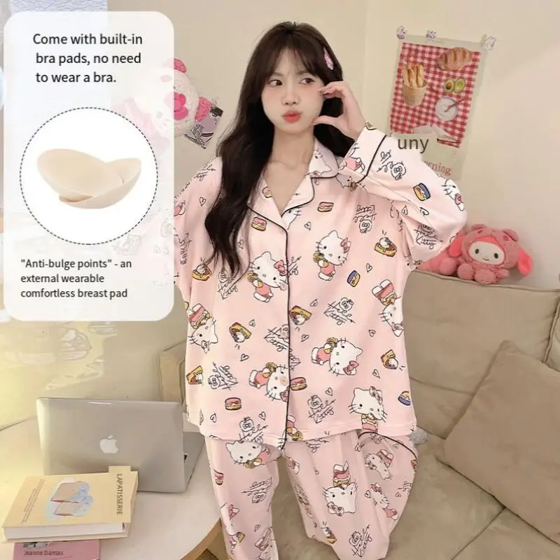 Pijama de Anime para mujer y niña, ropa de dormir Kawaii con almohadilla en el pecho, ropa de dormir de algodón para estudiantes, ropa para el hogar, pantalón de manga larga con dibujos animados a la moda