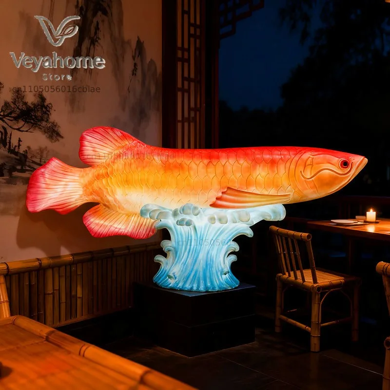 Outdoor large-scale simulated golden arowana sculpture hotel fiberglass floor ornament restaurant door decoration