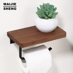 Toilet Paper Holder with Natural Walnut Wooden Shelf Tissue Roll Hanger Wall Mounted Paper Towel Bar