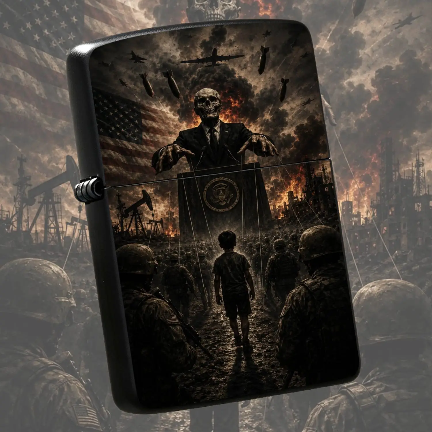 Dark Satirical War Themed Lighter, Skeleton Puppeteer Figure Design, Stylish Portable Accessory, Ideal For Daily Commute Outdoor Trips Various Occasions, Unique Collectible Gift With Striking Apocalyptic  A Humorous And Interesting Lighter