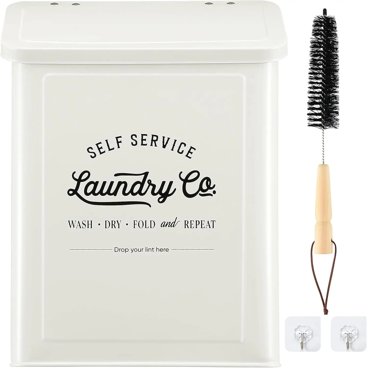 

Magnetic Lint Bin for Laundry Room, Metal Trash Can with Lid, Farmhouse Storage Decor, Includes Brush & Hooks