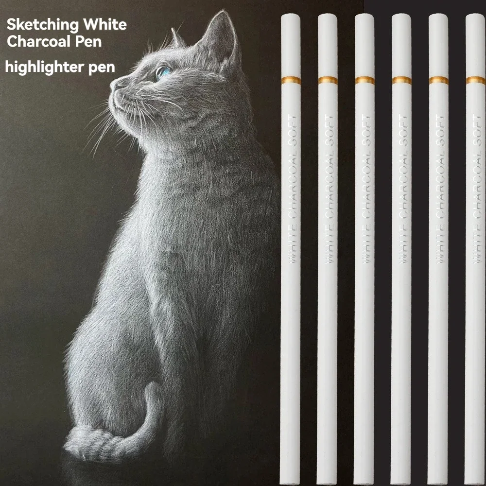 6Pcs/set White Charcoal Pencils Drawing Set Professional White Sketch Pencils for Drawing Sketching Chalk Pencils for Beginners