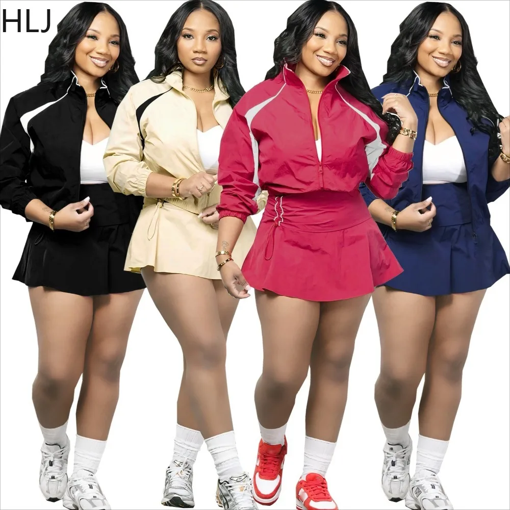

HLJ Casual 2 Pieces Set for Woman Color Block Long Sleeves Crop Top and Drawstring Patchwork Skirt Matching Female Streetwear