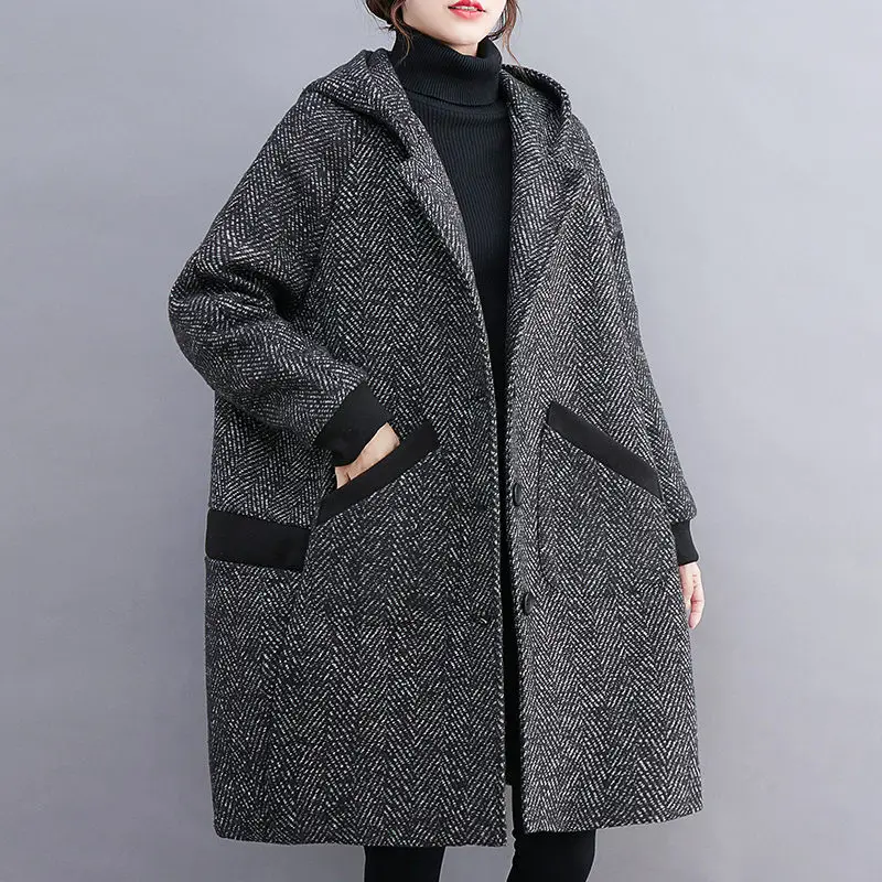 Overcoat Large Size Women\'s Autumn And Winter Korean Version Loose Cocoon Hooded Coat Medium Long Wool Jacket Windbreaker T742