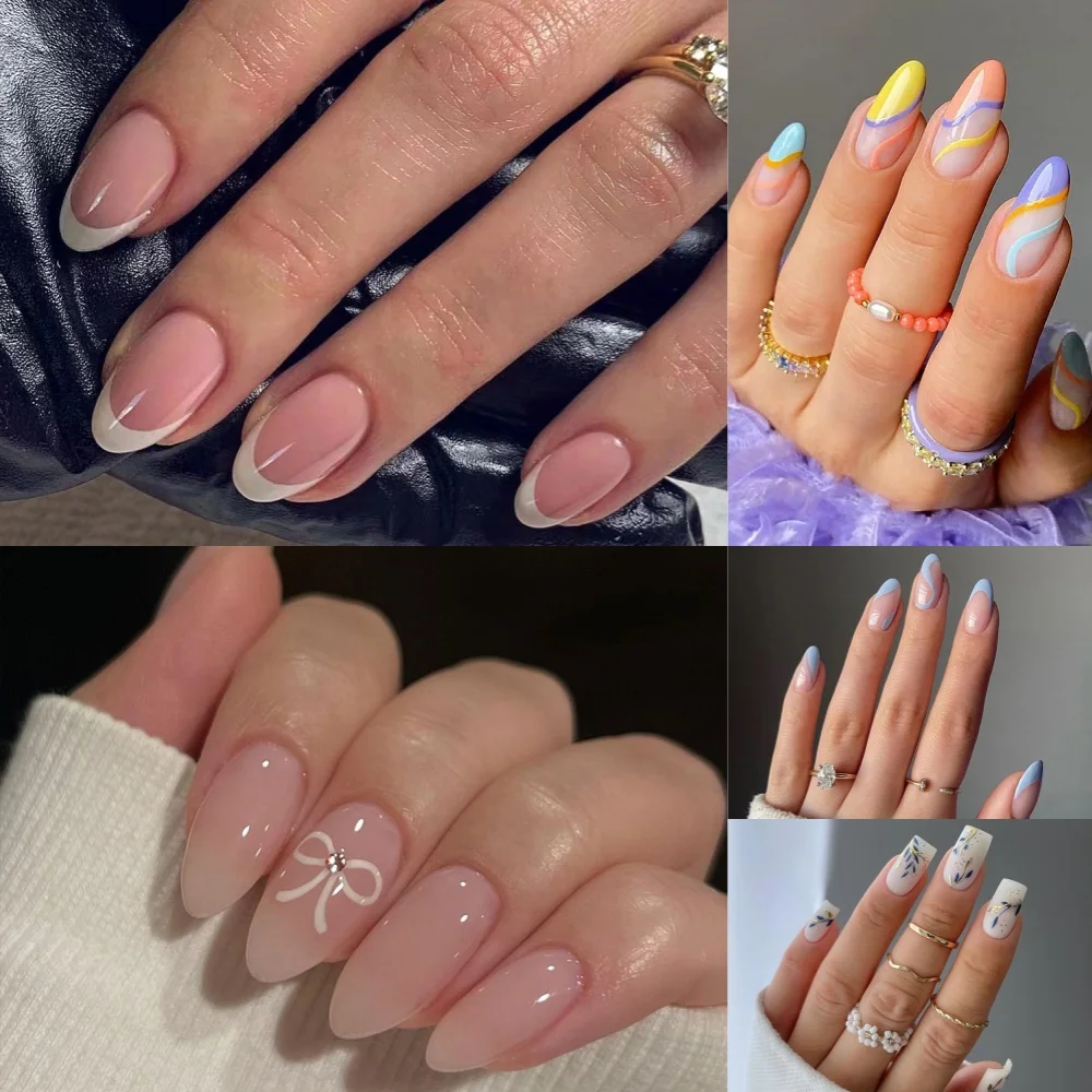 

Press on Nails Миндаль - 120 шт. Средний клей для французского кончика ногтей Мягкий гель Накладные ногти Носимые красочные линии Труна Полные накладные кончики