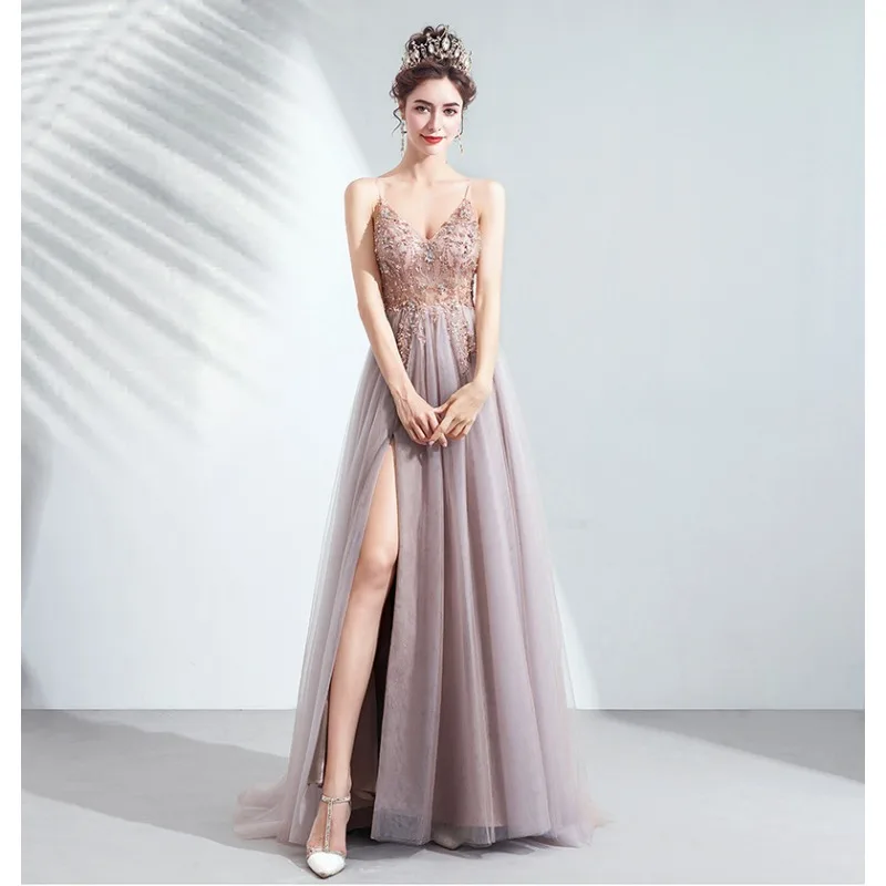 

Pink Evening Dress Hanging Strap High Split Sleeveless Light Exquisite Embroidery Yarn Shiny Diamond V-Neck Pure Handmade Prom