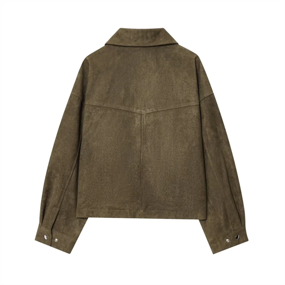 أزياء نسائية جديدة غير رسمية فضفاضة نمط ملابس العمل مع جيوب كبيرة وسترة طيار جلدية بسحاب #2