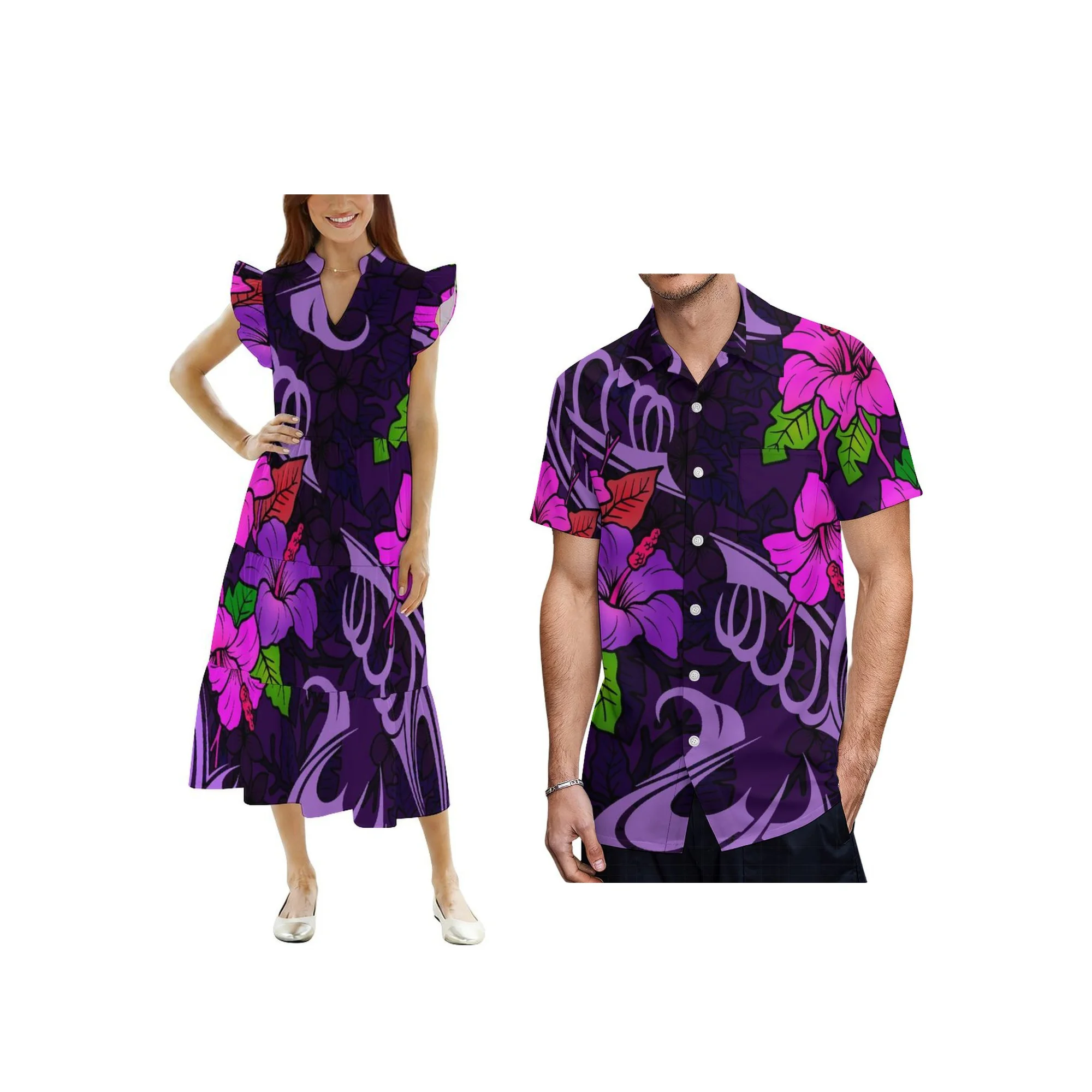 

Factory Wholesale Custom Layered Ruffle Midi Dress Samoa Print Ladies Party Dress Ruffle Sleeve Plus Size Polynesian Dress