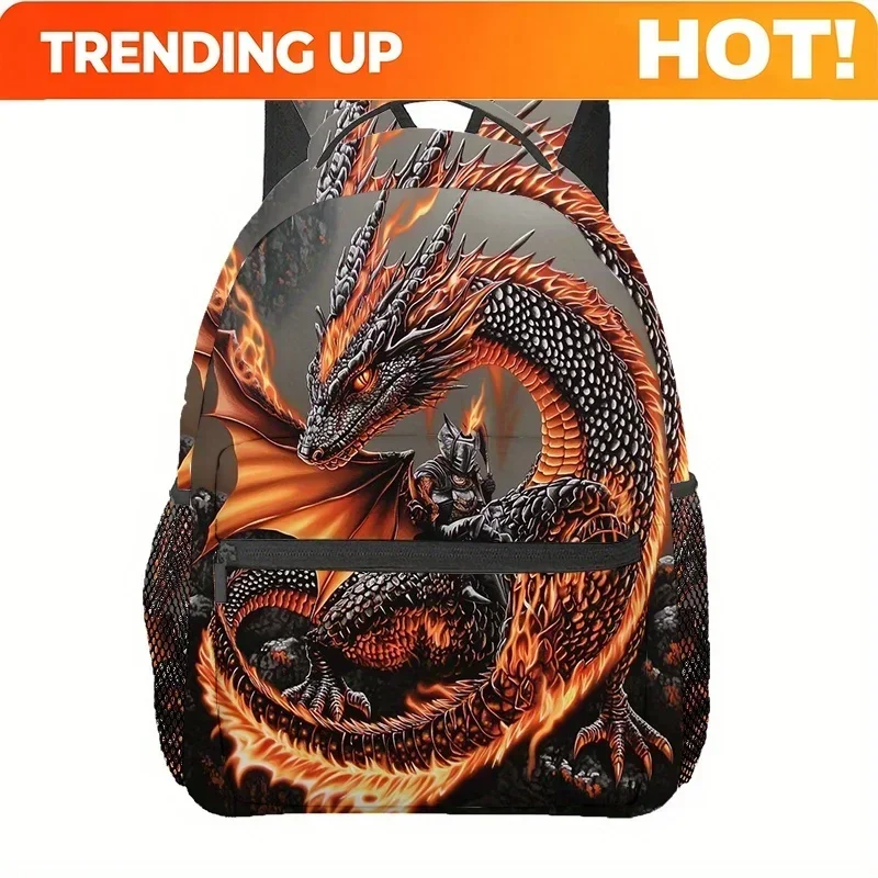 Custom Bag Flame-Breathing Dragon Backpack - Stylish Polyester Rucksack For Men & Women, Adjustable Straps, Zip Closure, Perfect