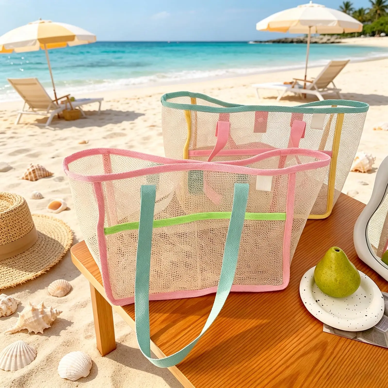 Beach Bags for Women Colorful Foldable Net Sand Tote Bag Travel Pool Storage Pocket for Beach Accessories view 2