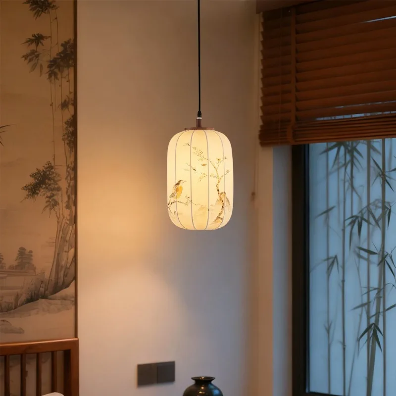 Modern Oriental Fabric Pendant Lights Floral Bird Lantern Shade with Wood Accent Hanging Lamp Living Bedroom Zen Spirit Tea Hall