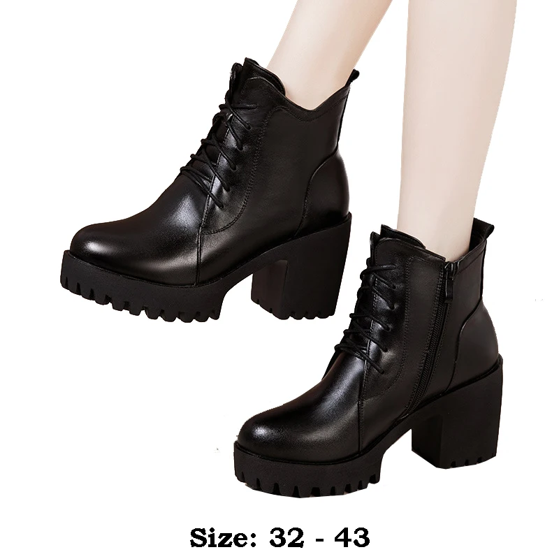 

High quality short ankle leather boots for women 8cm high heel platform new 2024 autumn winter 32 33 43 fashion shoe - black