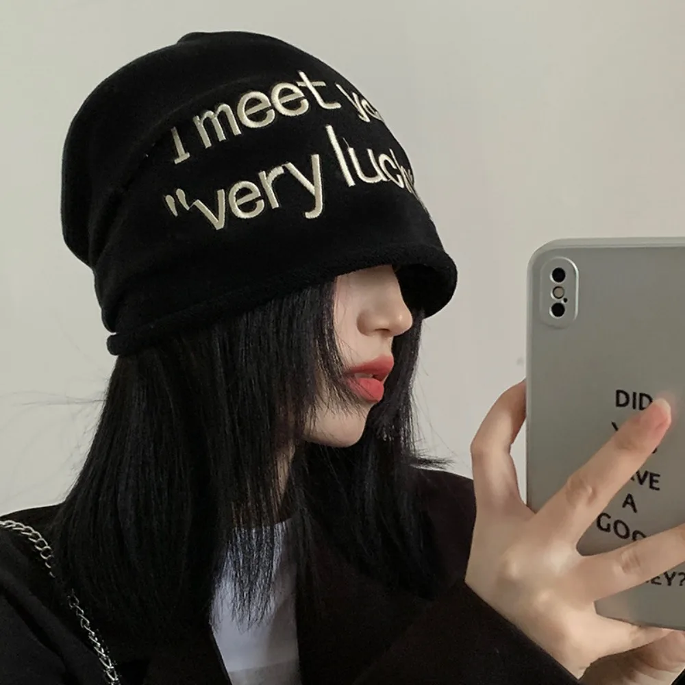 Fashion Cotton Letter Pile Hat Letters Embroidered Solid Colors Knitted Hat Breathable Ear Protectors Thin Pile Cap Girls